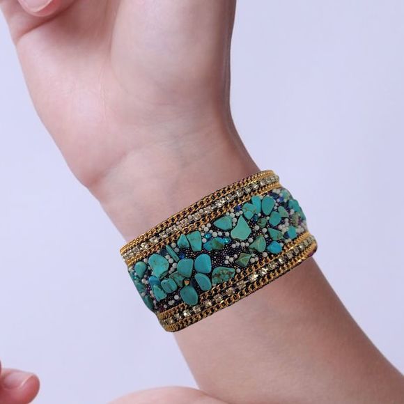 Handmade Turquoise, White Crystal, Micro Beading, Magnetic Clasp Bracelet 7.5" - Picture 5 of 8